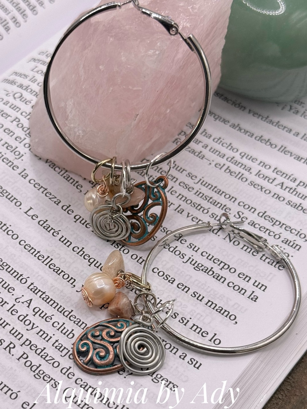 Baroque pearls + Moonstone Silver Hoop Earrings with Turquoise Patina Charms
